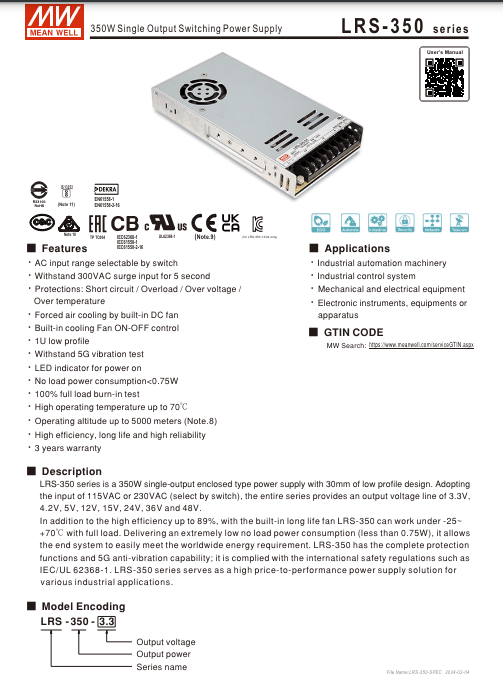 Fuente de Poder Mean Well 5V 60A 300W LRS-350-5 (215x115x30mm)5
