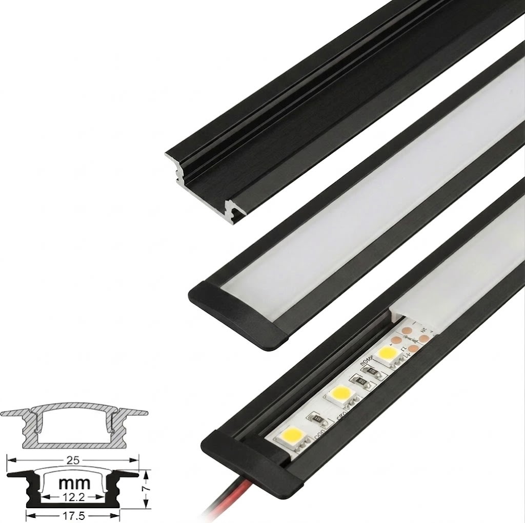Perfil Aluminio Difusor 1204 2mt Plano Empotrable Negro2