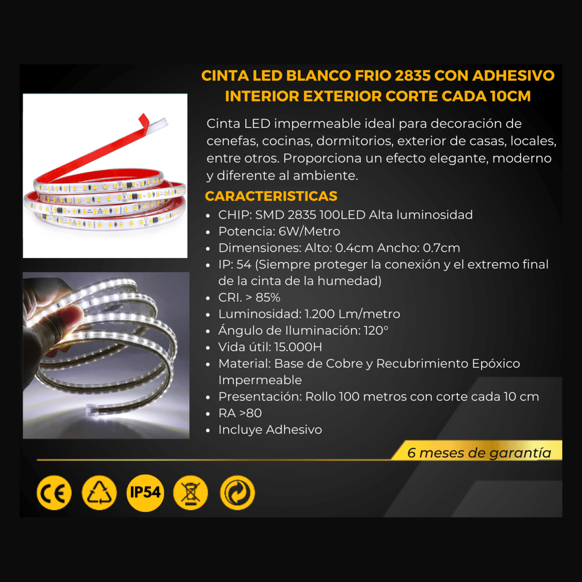 Cinta Led 220V New Gen 6000K Luz Fría corte 10cm c/adhesivo IP65 100mt (kn)4