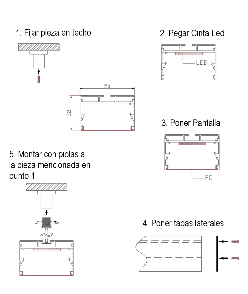 Perfil Aluminio Difusor 5032 3mt Lineal 50x32mm Negro7