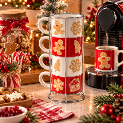 SET DE TAZAS NAVIDEÑAS GINGERBREAD CON BASE (4 PZS)