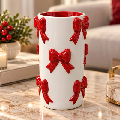 FLORERO DE CERAMICA BLANCO CON LAZOS ROJOS