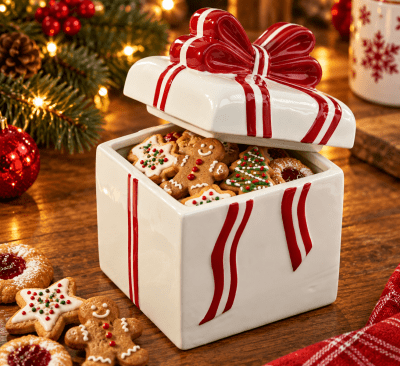 GALLETERO NAVIDEÑO DE CERÁMICA CAJA DE REGALO BLANCA
