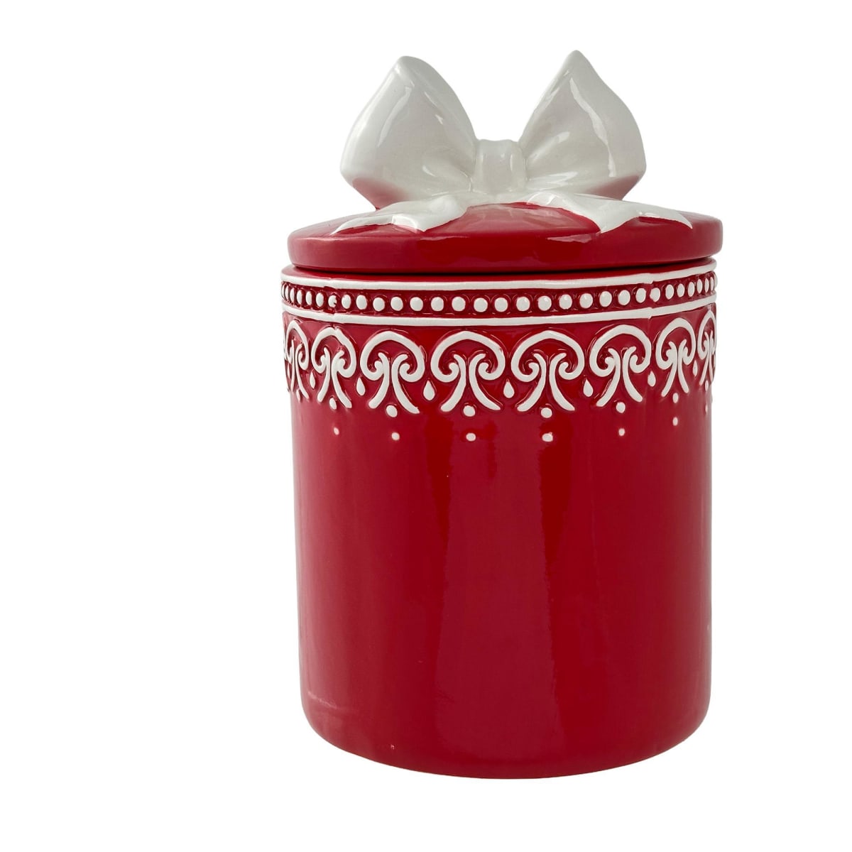 GALLETERO NAVIDEÑO DE CERÁMICA ROJO CON LAZO BLANCO4