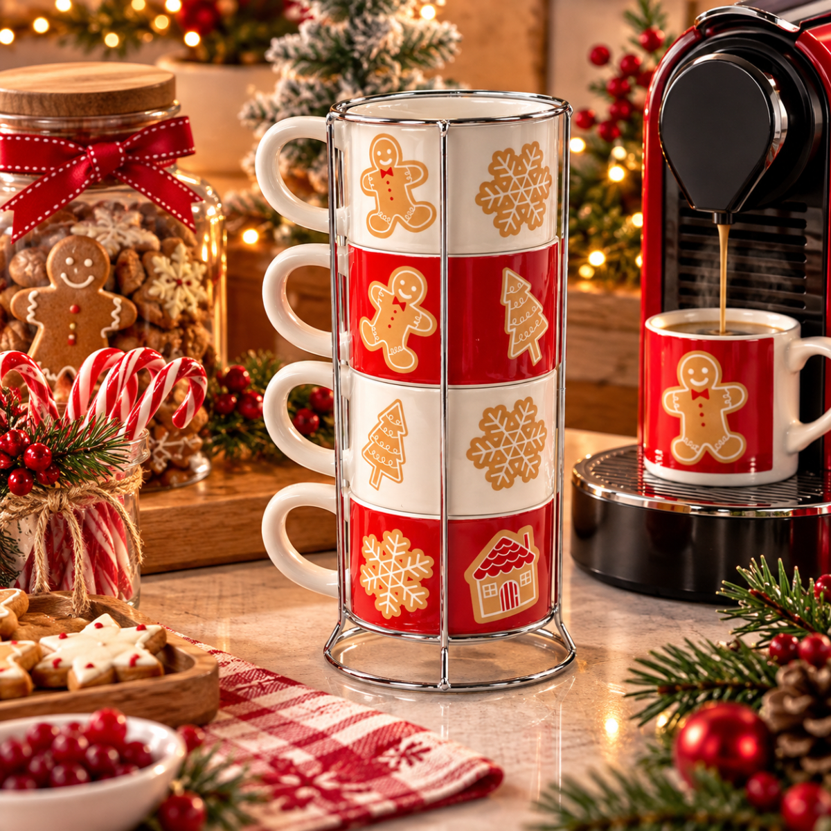 SET DE TAZAS NAVIDEÑAS GINGERBREAD CON BASE (4 PZS)