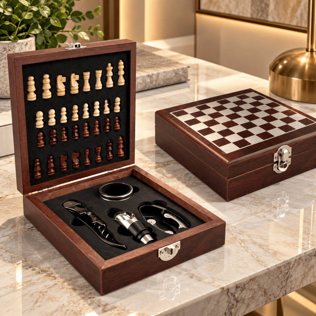 SET DE VINO CON JUEGO DE AJEDREZ EN CAJA DE MADERA1