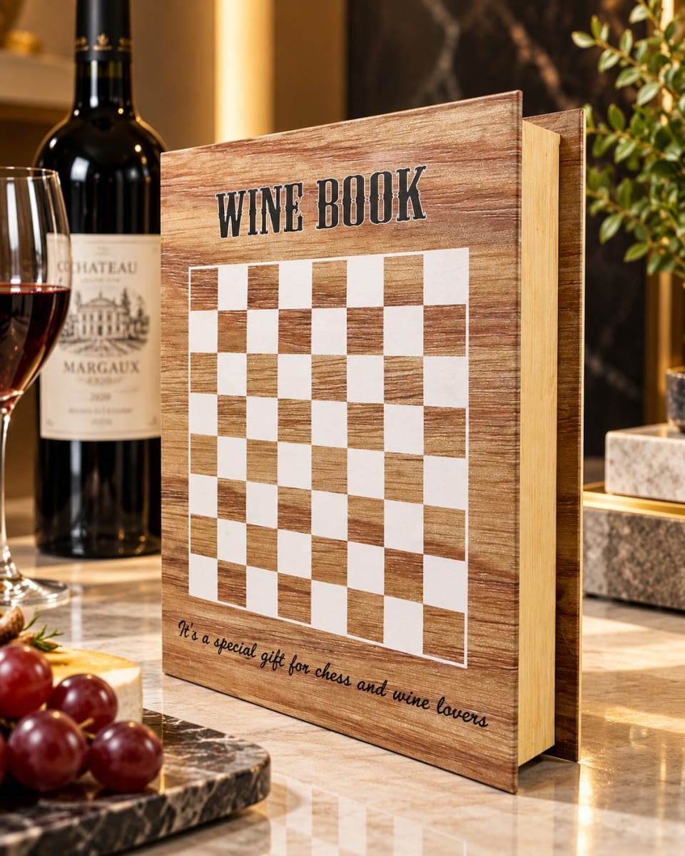 LIBRO DECORATIVO CON SET DE VINO Y JUEGO DE AJEDREZ