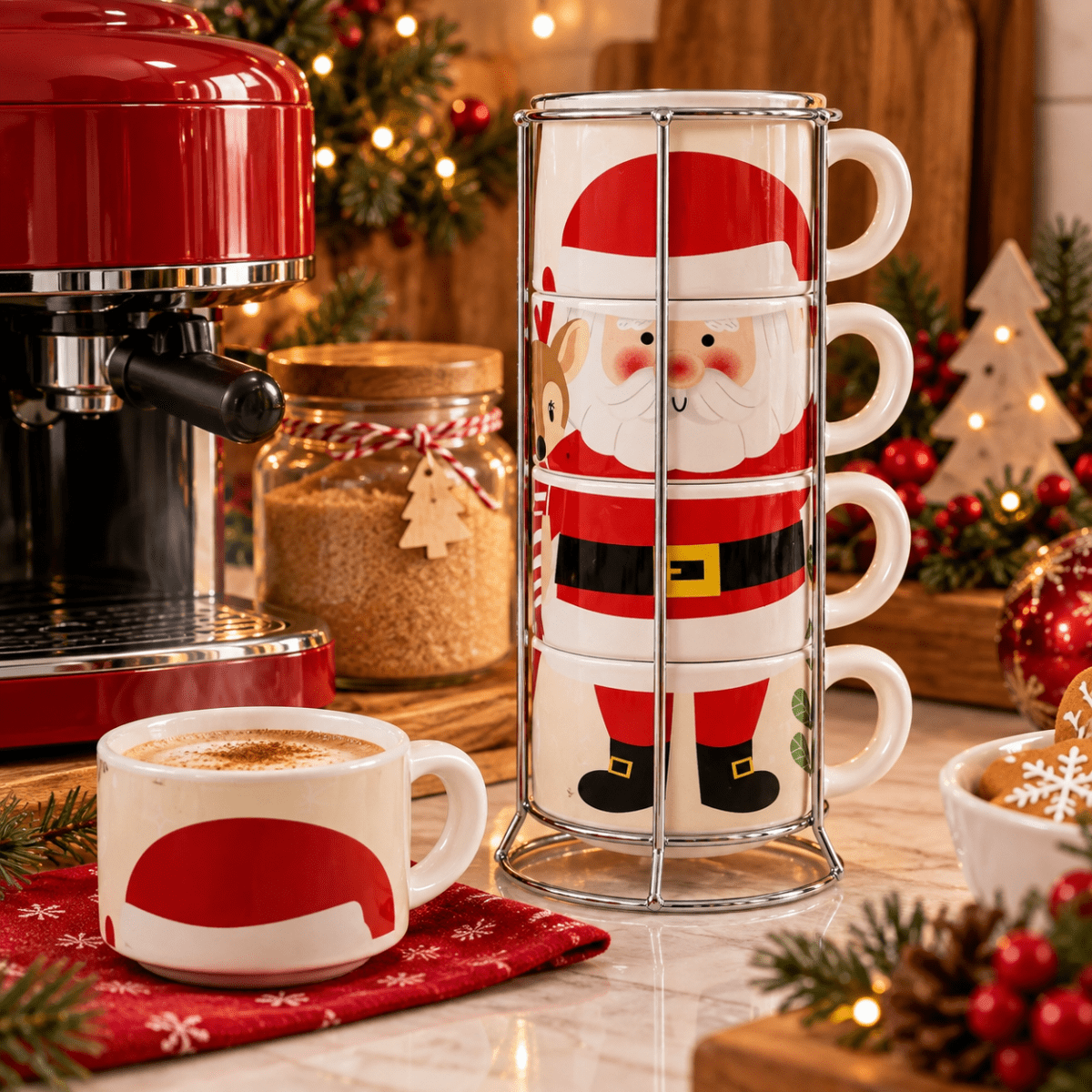 SET DE TAZAS NAVIDEÑAS SANTA CON BASE (4 PZS)