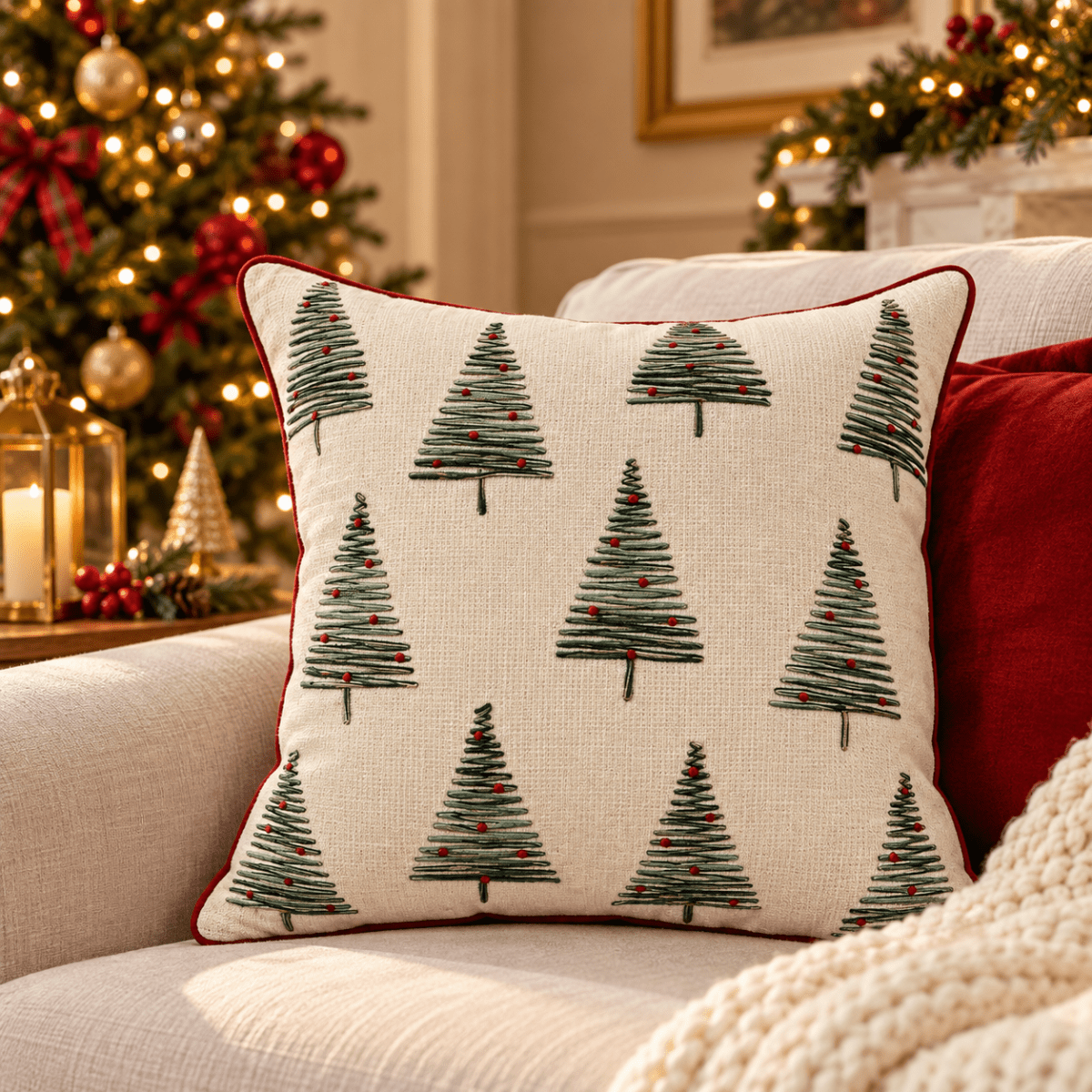 COJÍN NAVIDEÑO PINOS BORDADOS1