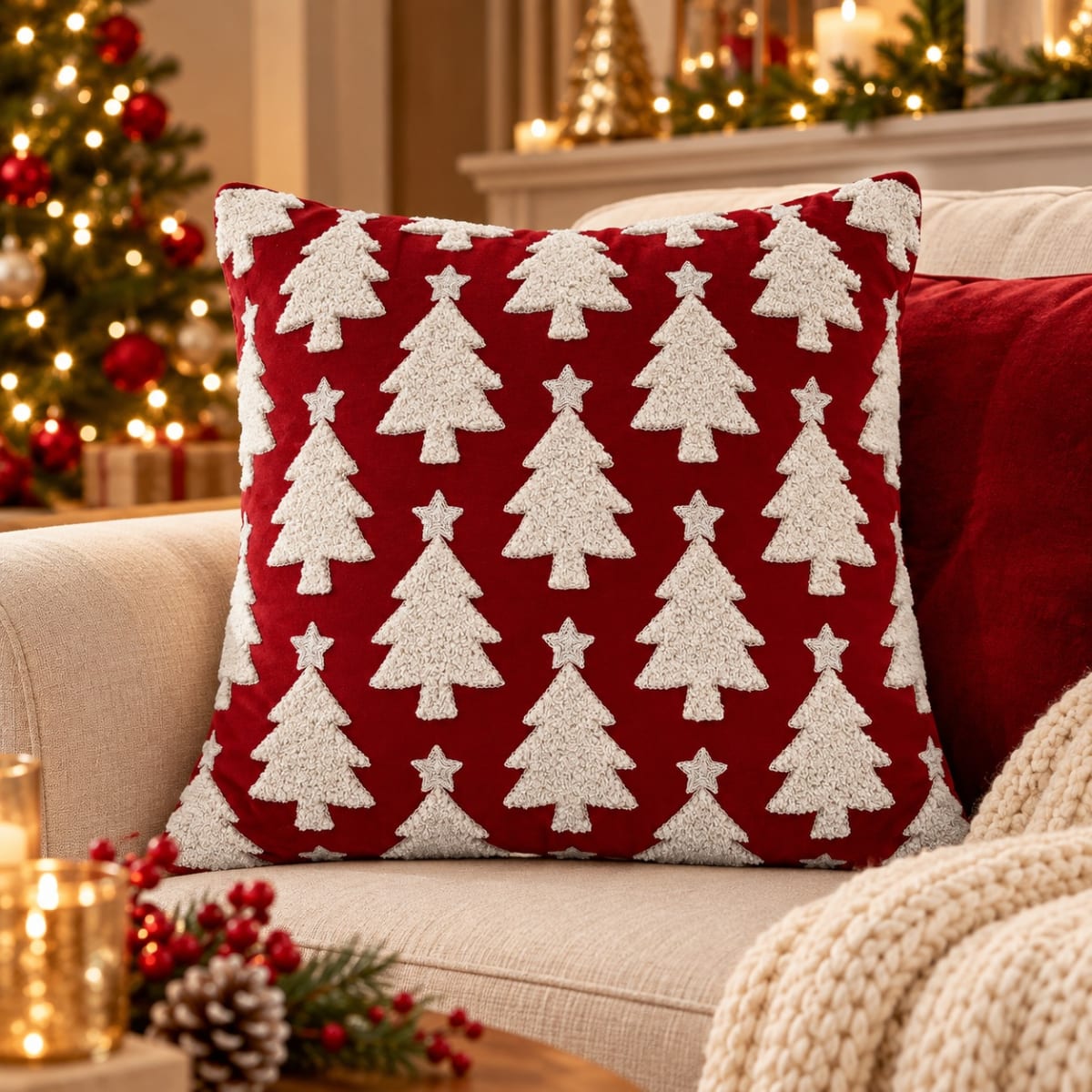 COJÍN NAVIDEÑO PINOS VELVET RED