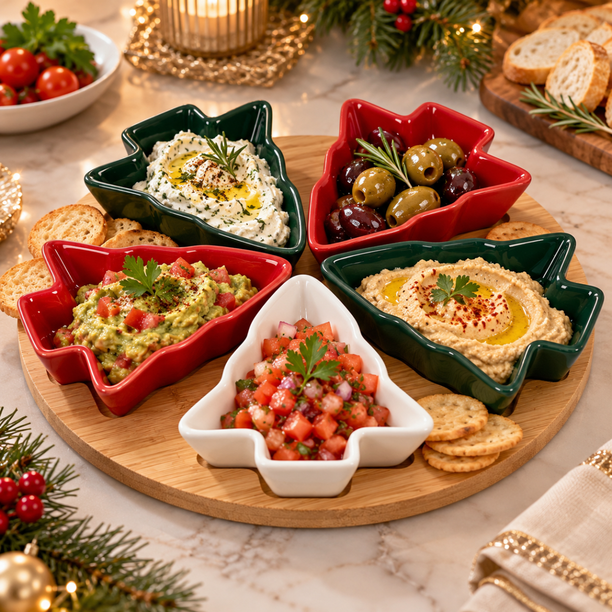 SET BOWLS DIPS ÁRBOL NAVIDEÑO CERÁMICA Y BAMBÚ