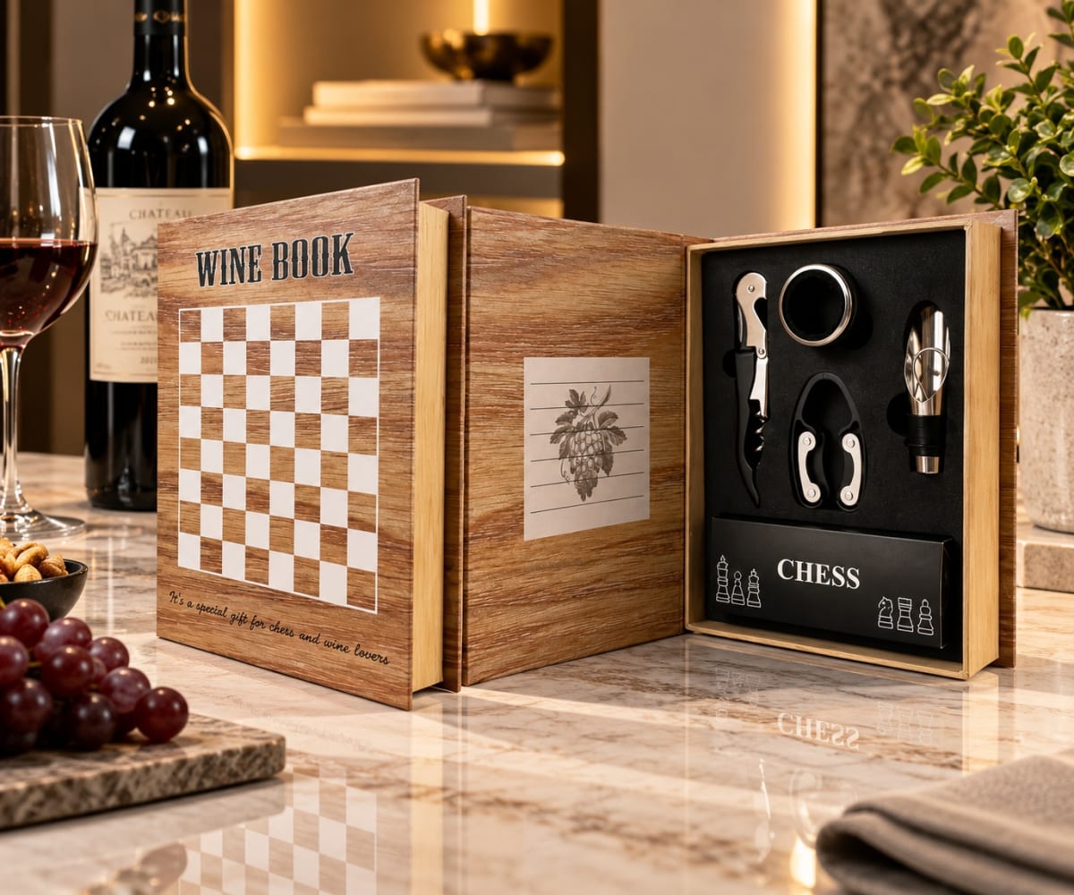 LIBRO DECORATIVO CON SET DE VINO Y JUEGO DE AJEDREZ2