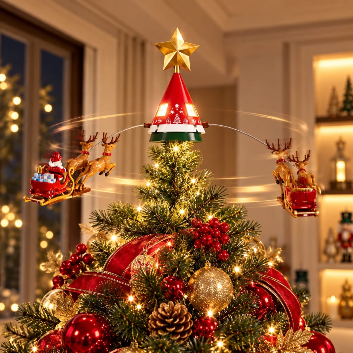 ESTRELLA GIRATORIA PARA ARBOL DE NAVIDAD CON LUCES Y TRINEO1