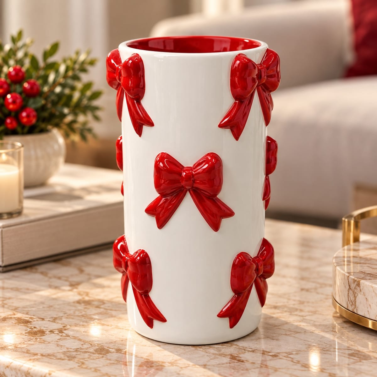 FLORERO DE CERAMICA BLANCO CON LAZOS ROJOS