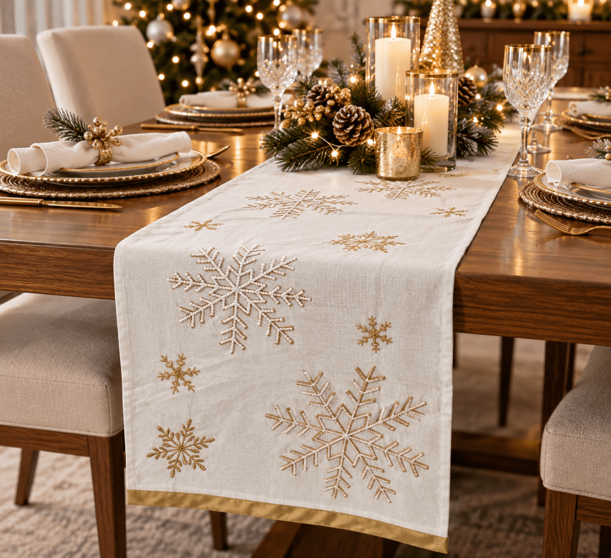 CAMINO DE MESA COPOS DE NIEVE GOLDEN BEADED