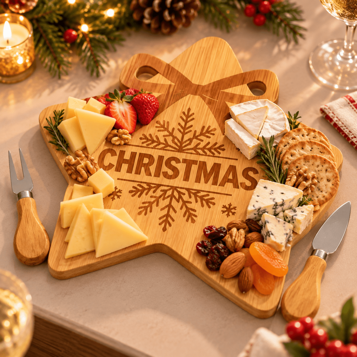 TABLA DE QUESOS Y PIQUEOS ESTRELLA NAVIDAD 3PCS