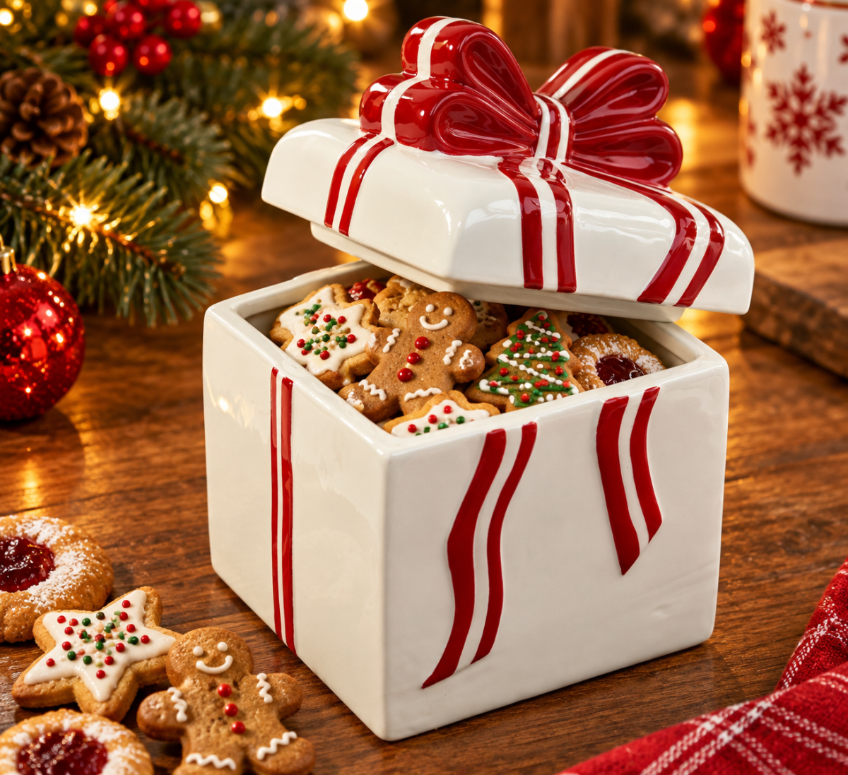 GALLETERO NAVIDEÑO DE CERÁMICA CAJA DE REGALO BLANCA1