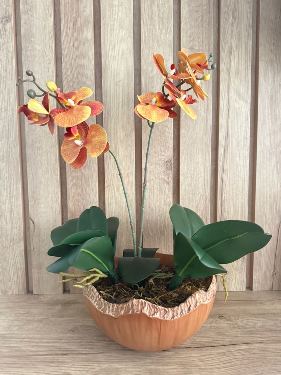 ARREGLO FLORAL ORQUIDEAS NARANJA WOOD