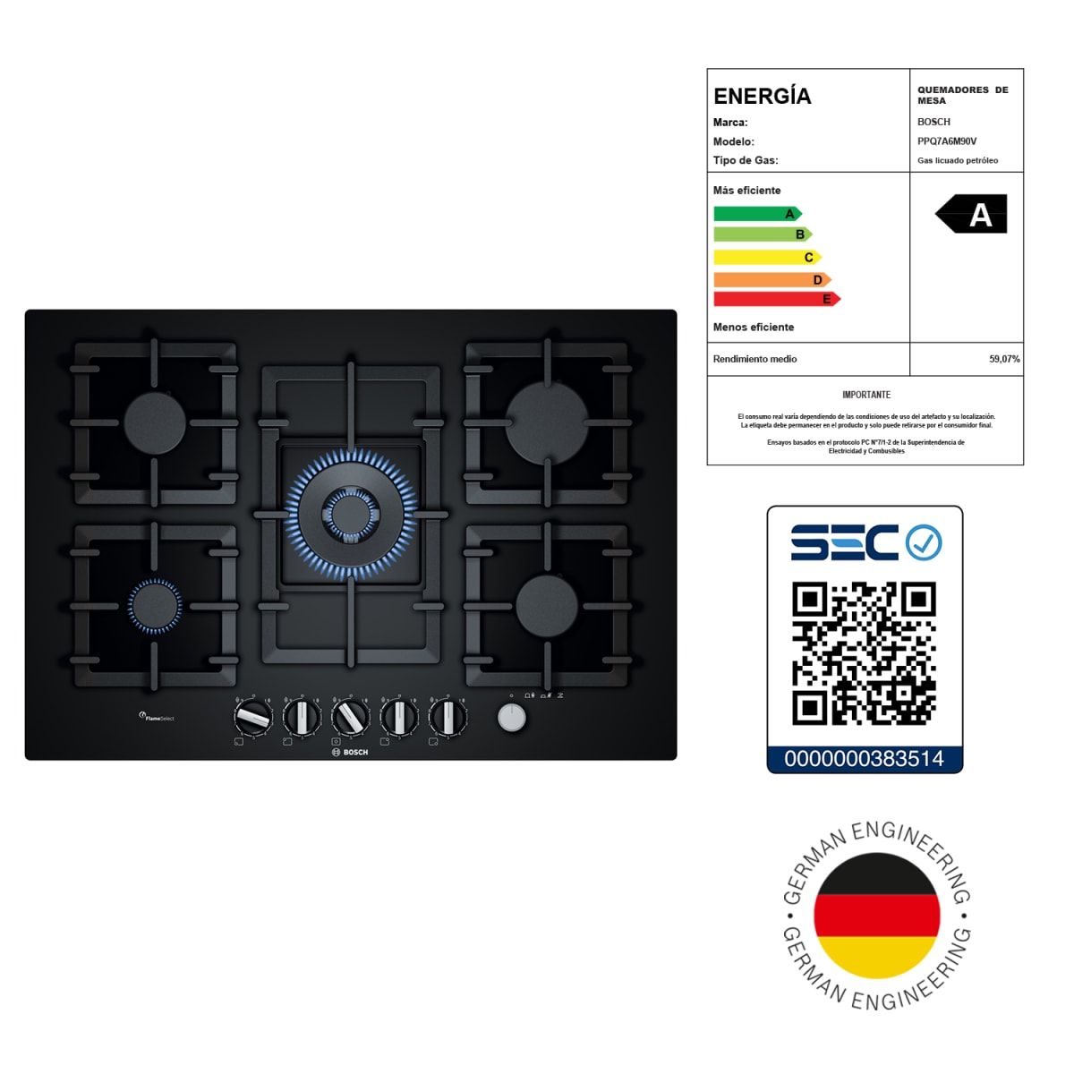 Placa Encimera de gas 75 cm Vidrio templado6