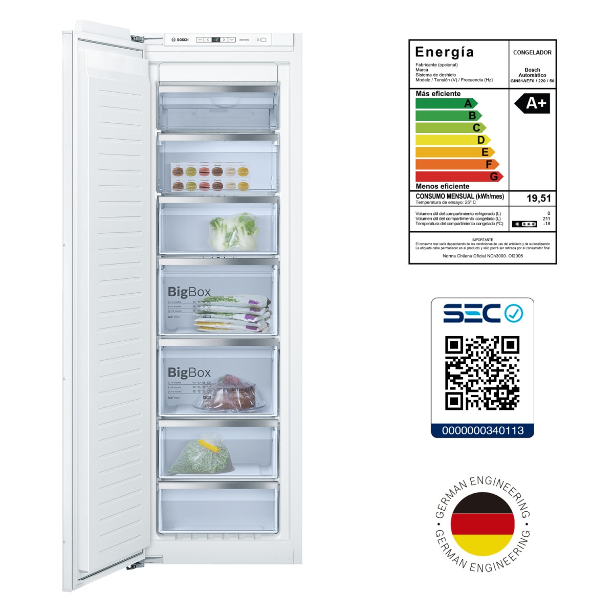 Serie 6 CONGELADOR INTEGRABLE 177x56CM NOFROST 177.2 x 55.8 cm Puerta fija6