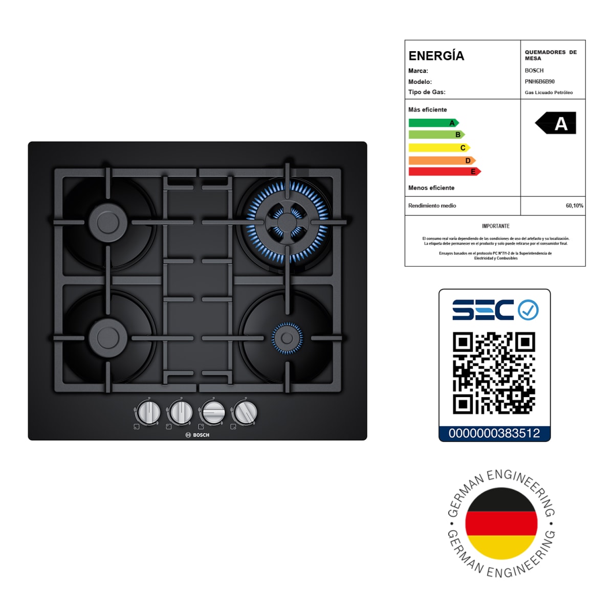Serie 4 Placa de gas 60 cm Vidrio templado, Negro7