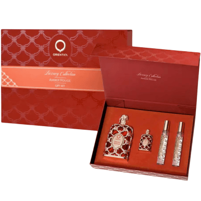AMBER ROUGE U 4PCSET 2.8 EDP SPRAY / MINI / ATOMIZER/ DESIGNER POUCH DISPLAY BOX