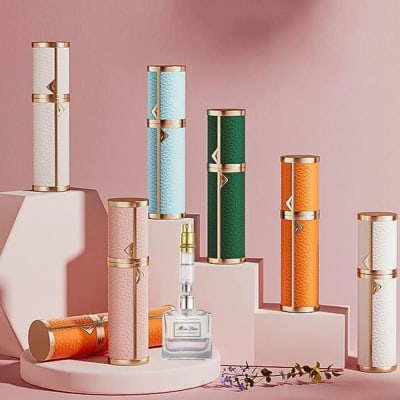 PERFUMERO RELLENABLE DE LUJO 5ML, PIEL DE VARIOS COLORES CON METAL DORADO