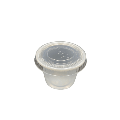 Pote y tapa 1oz trasnparente paquete de 100 uni (caja trae 2500 uni )1