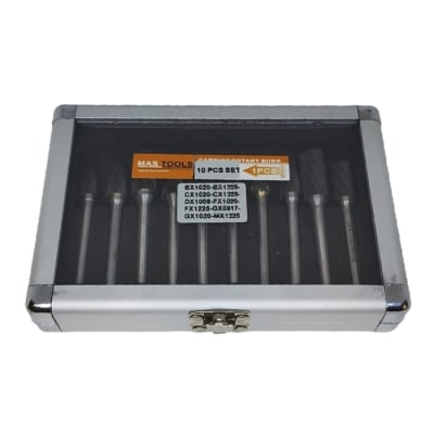 Juego de limas rotativas de carburo 10 unidades toma de 6 mm. caja metalica MASTOOLS