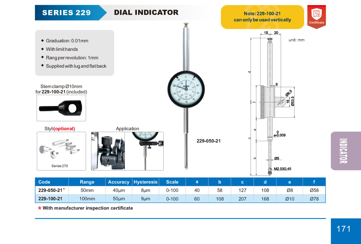 Reloj Comparador Analógico ACCUD 0-100 mm x 0,01 mm | Modelo 229-100-211