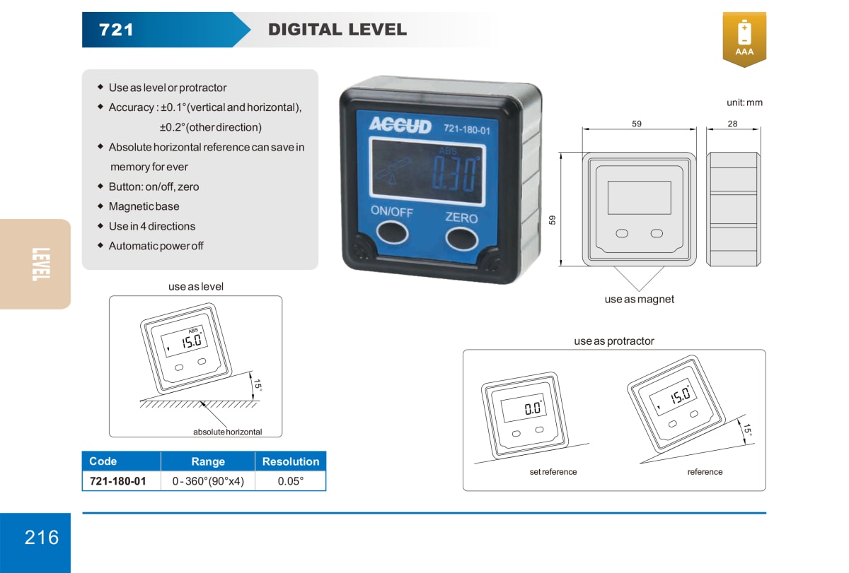 Nivel Digital Magnético ACCUD 0-360° (4 x 90°) | Modelo 721-180-011