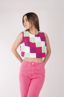 TOP UPCYCLING DE CUADROS BLAN/MAG/VER1