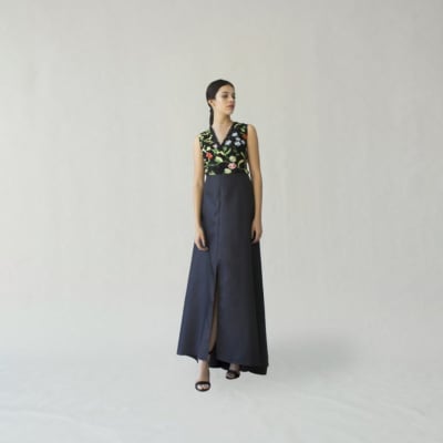 VESTIDO AUANDA TAFETA NEGRO/FLORES1