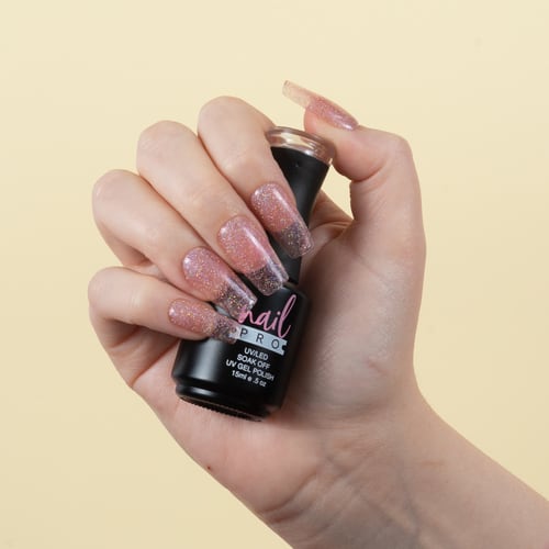 NAIL PRO Esmalte Permanente X132 Rosa traslúcido micro glitter2