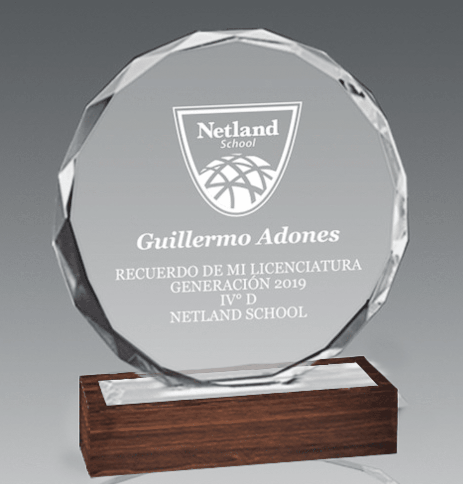 GALVANO CRISTAL CON BASE DE MADERA BLAS 512