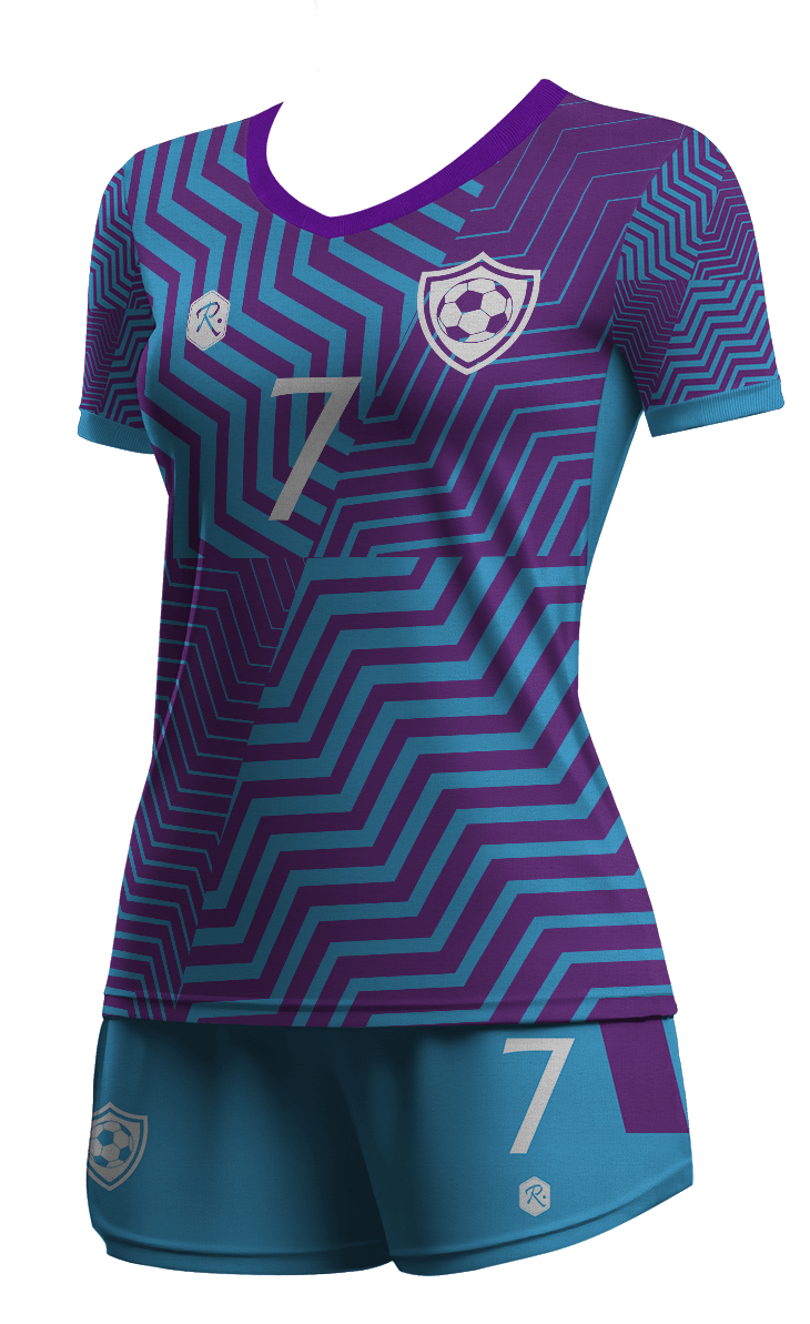 CAMISETA Y SHORT | MODELO F5, COLOR CELESTE/PÚRPURA1