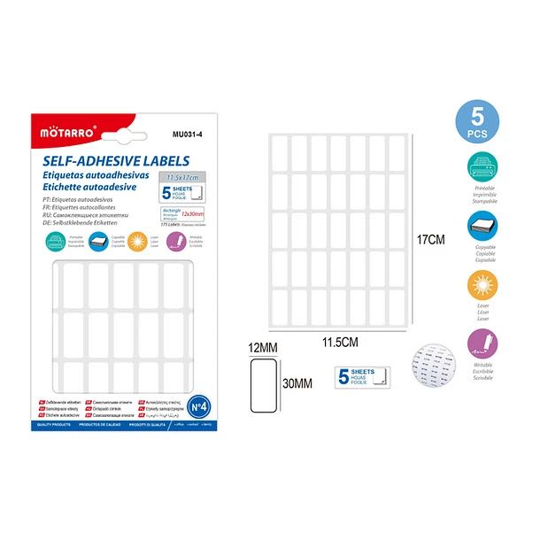 ETIQUETAS AUTOADHESIVA RECTANGULAR 12X30MM BLANCA 5 HOJAS1
