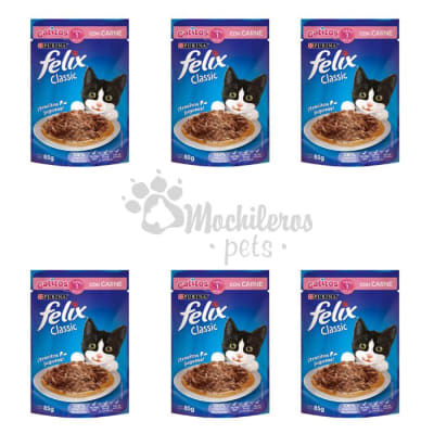 Pack 6x Felix Classic Gatitos Carne Pouch1
