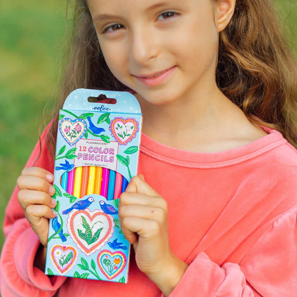 Eeboo Caja De 12 Lapices - Fluor Hearts Amp Birds3