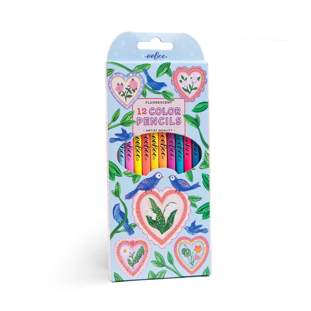 Eeboo Caja De 12 Lapices - Fluor Hearts Amp Birds4