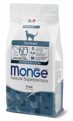 MONGE GATO ESTERILIZADO TRUCHA MONOPROTEICO 1.5KG