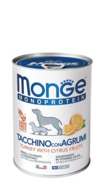MONGE Alimento para perros Paté Pavo con frutas cítricas