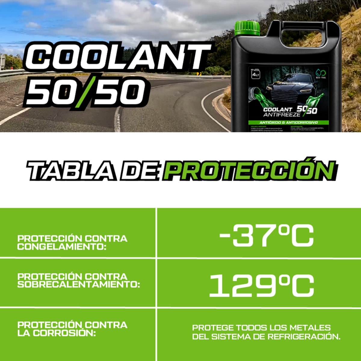 REFRIGERANTE ANTICONGELANTE COOLANT 1 GALON 50/50 ECOFULL4