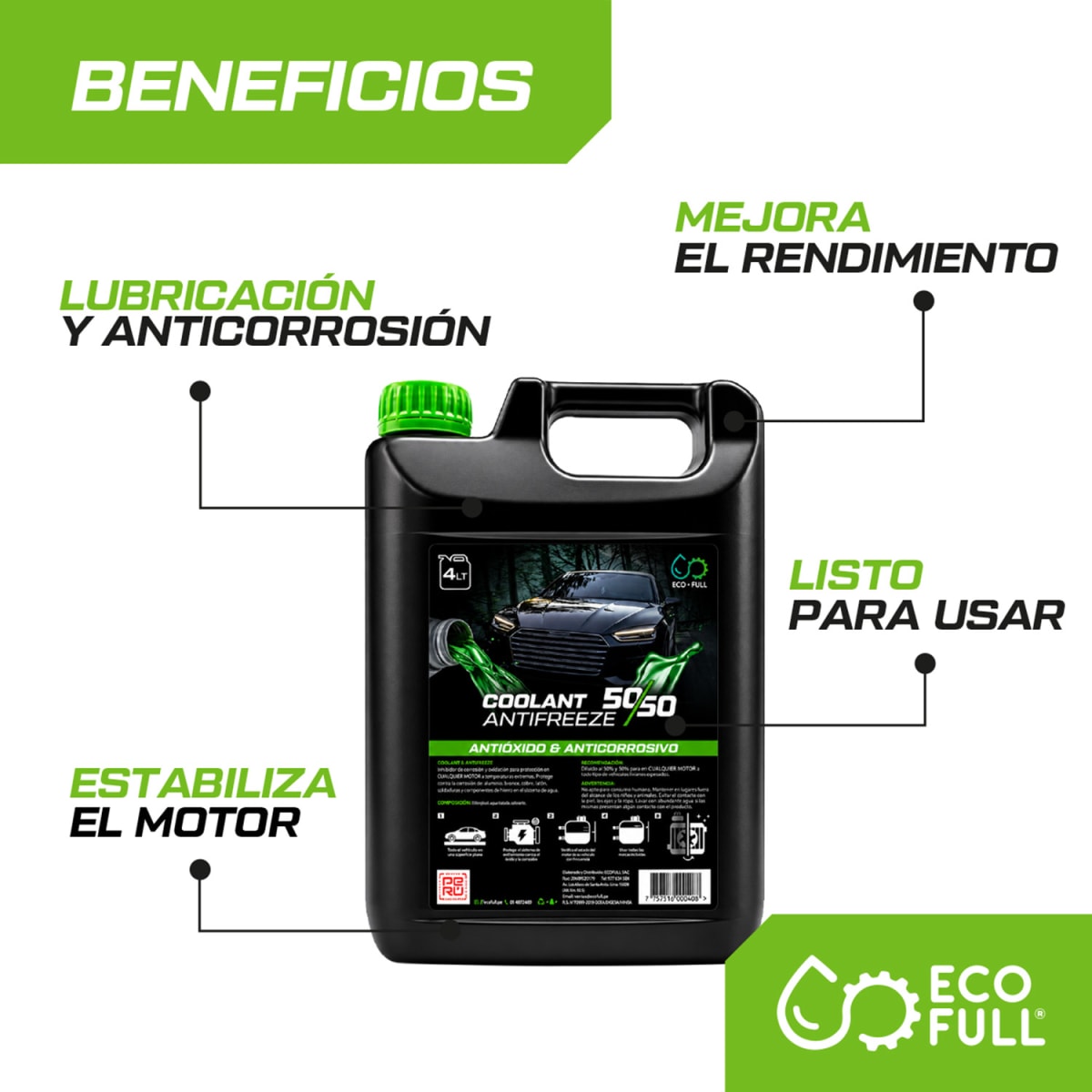 REFRIGERANTE ANTICONGELANTE COOLANT 1 GALON 50/50 ECOFULL6