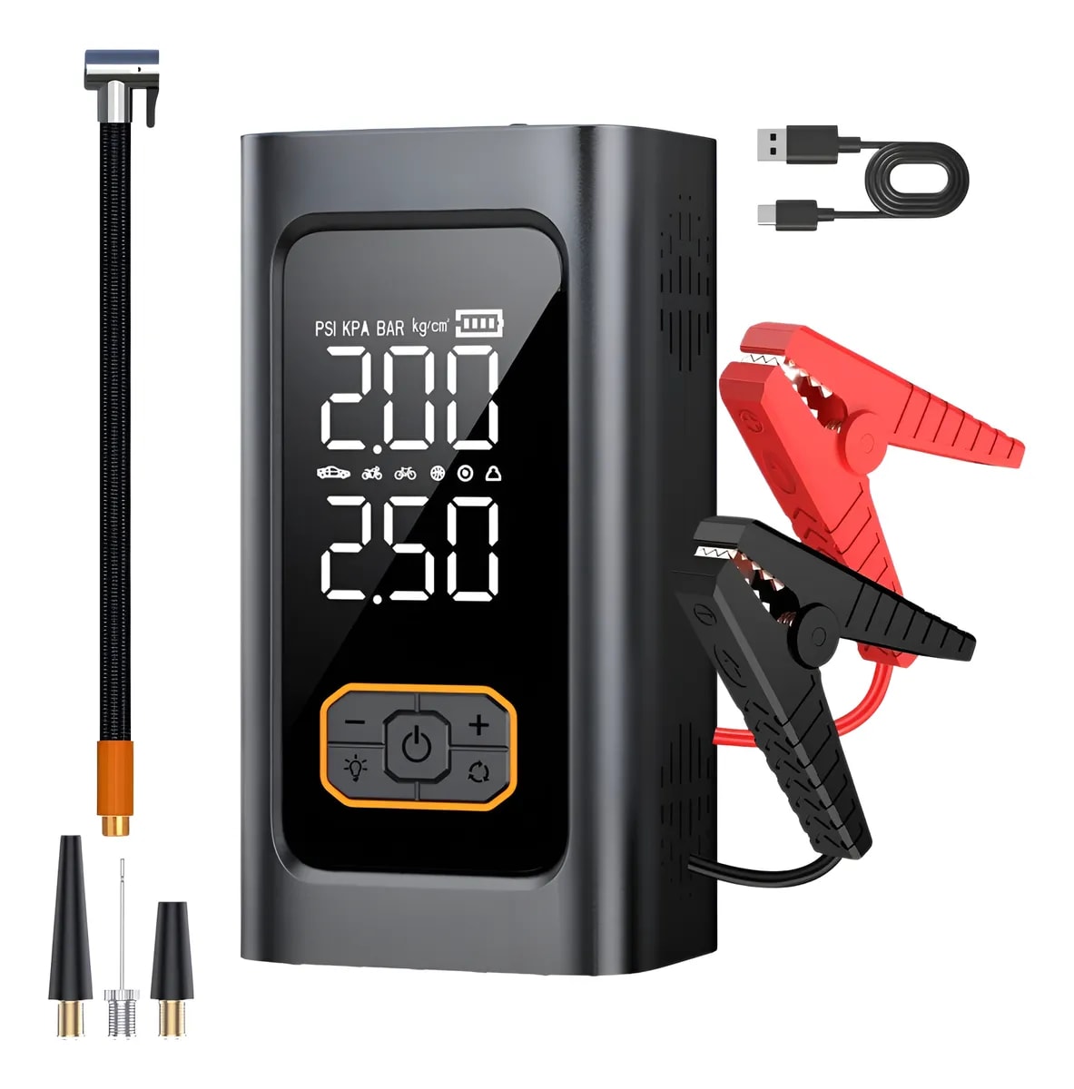 Arrancador Auto 12v Con Inflador, Linterna Led Recargable y Power Bank de 10000mah 0