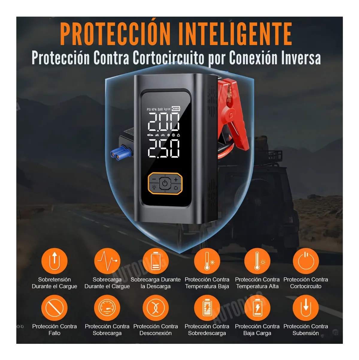 Arrancador Auto 12v Con Inflador, Linterna Led Recargable y Power Bank de 10000mah4