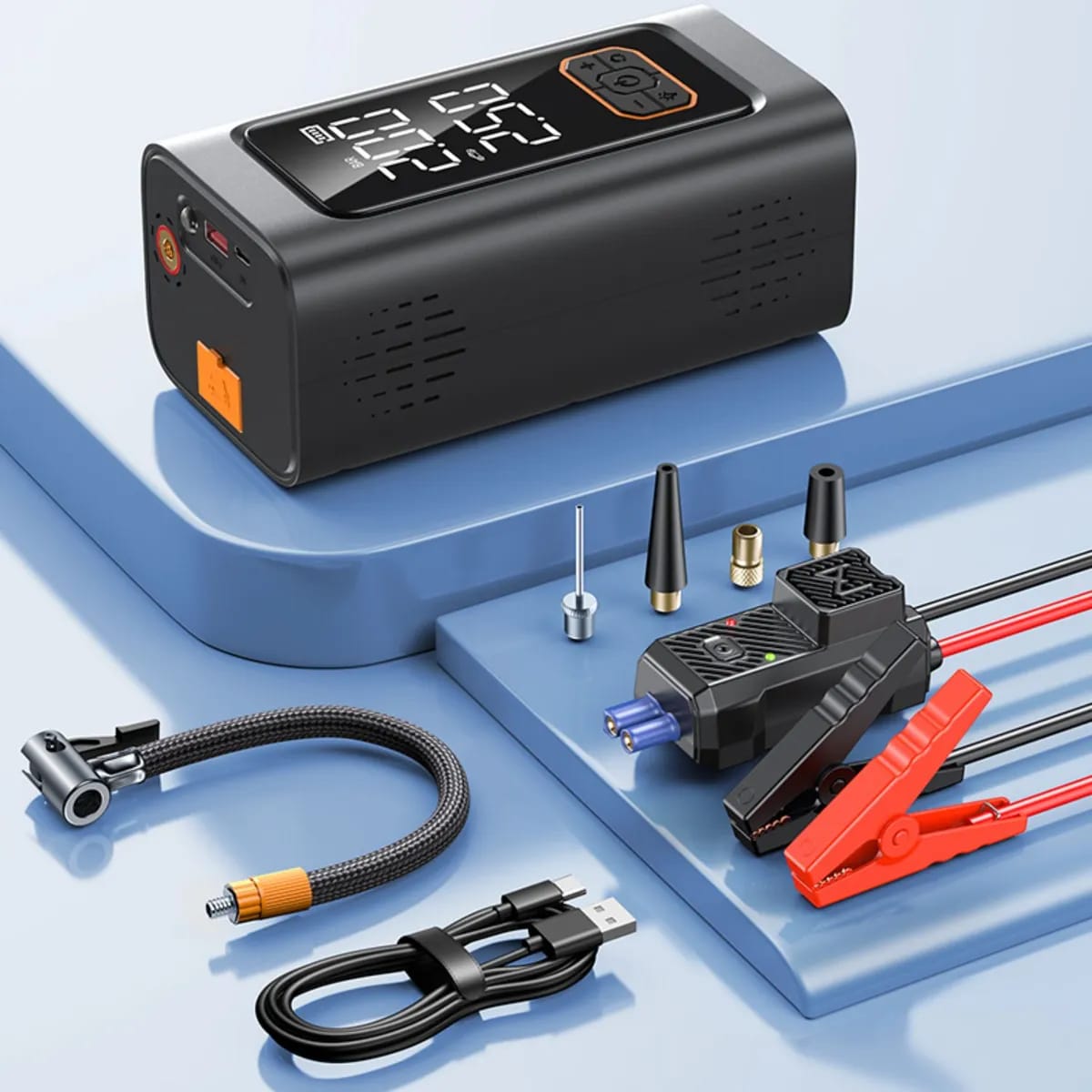 Arrancador Auto 12v Con Inflador, Linterna Led Recargable y Power Bank de 10000mah3