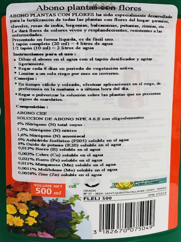 Abono Foliar  para Flores Frasco 500 cc2
