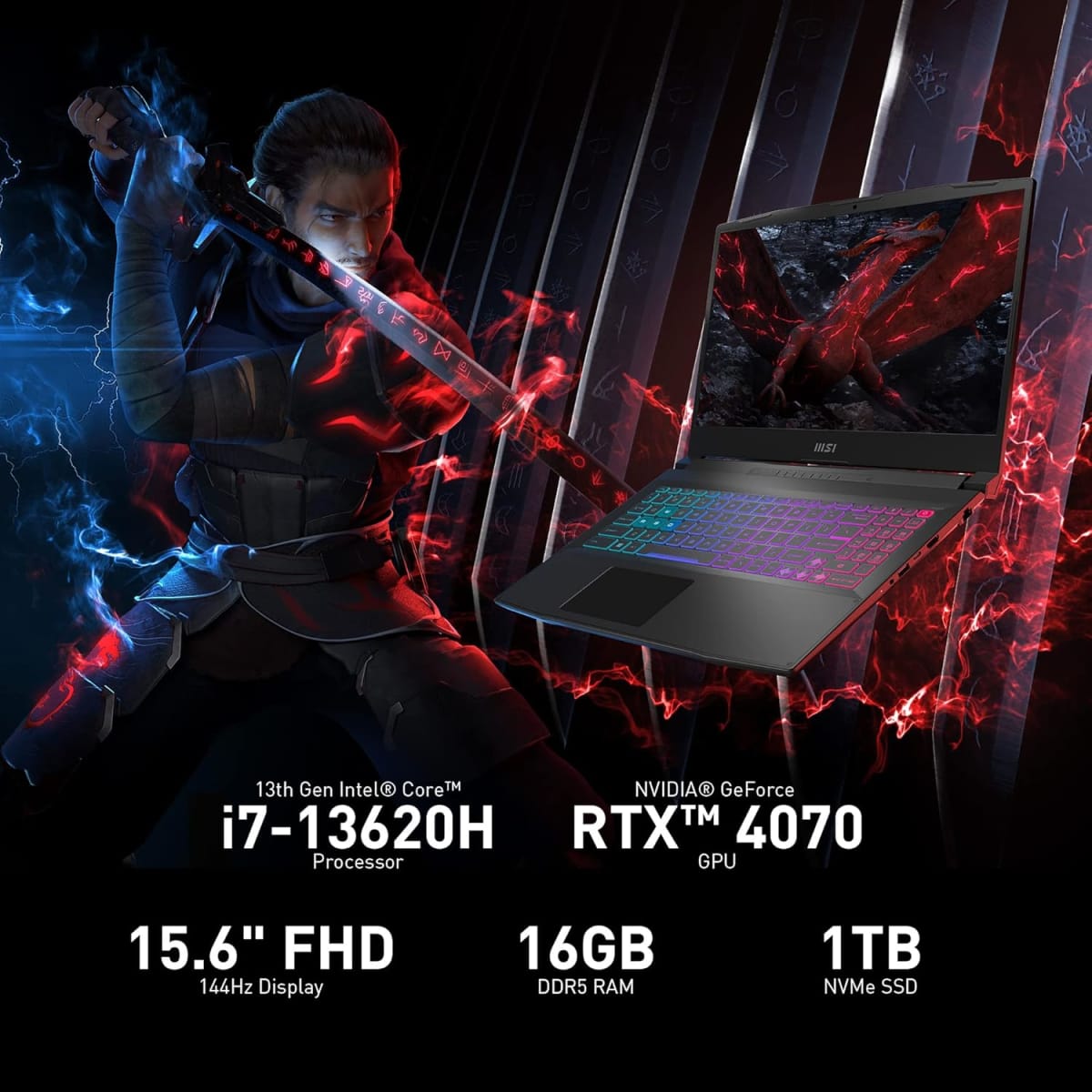 MSI KATANA 15 B13VFK-484US I7-13620 SSD 1TB 16GB RAM DDR5 15.6 FHD 144HZ TARJETA RTX 4070 8GB1