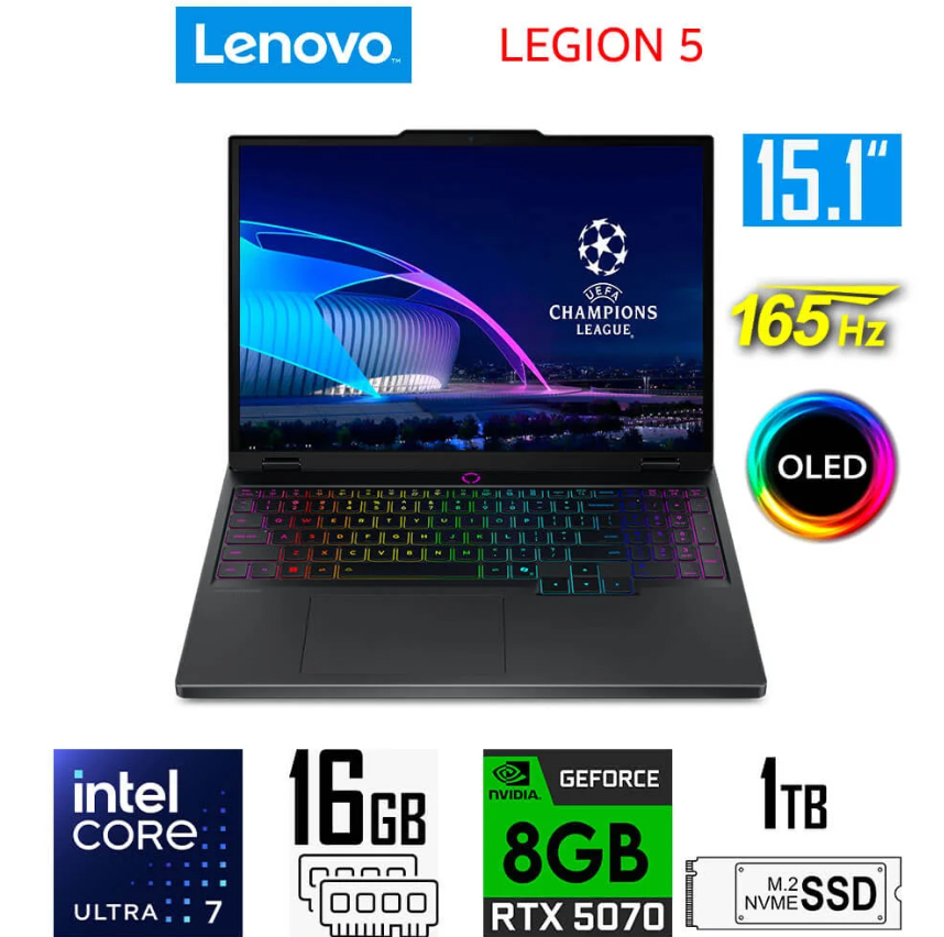 LEGION 5 15IAX10 CORE U7 225HX, SSD 1TB, RAM 16GB DDR5, PANTALLA 15.1 OLED, TARJETA RTX 5070 8GB 0